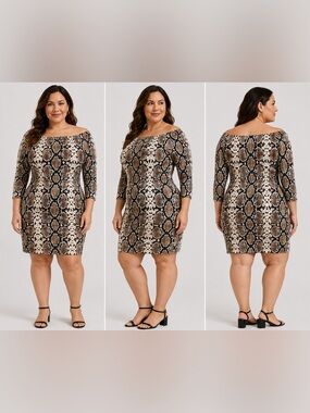 PrettyLittleThing Snake Print Bodycon Dress XL Off Shoulder 3/4 Sleeve NWT